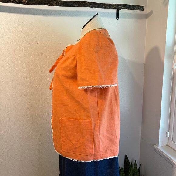 Handmade Orange Textured Two Bow Tie Puffed Short Sleeve Blouse Size Medium - Picture 3 of 11